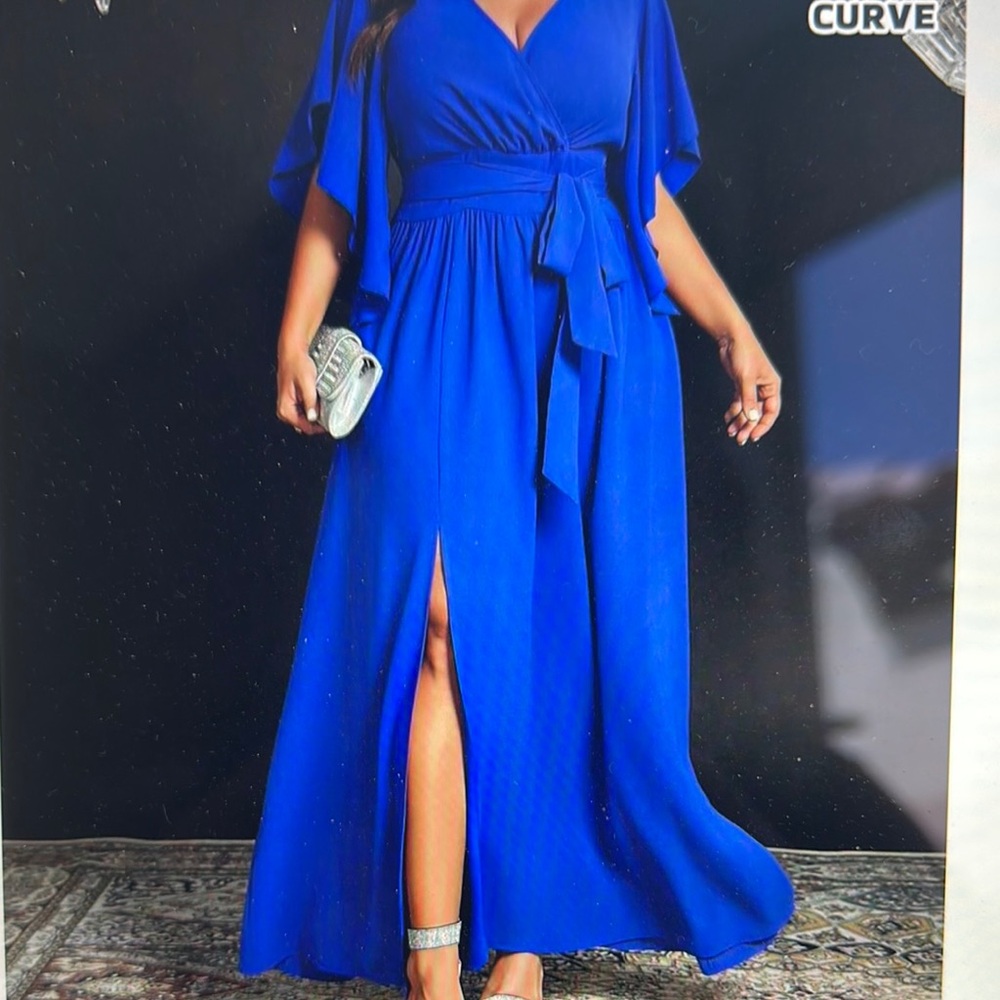 SHEIN Blue Wrap Maxi Dress with Flutter Sleeves